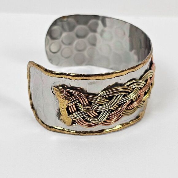 Tricolor Gold‎ Silver Copper Plated Metal Cuff Bracelet Honeycomb Braided Wide - Picture 2 of 10